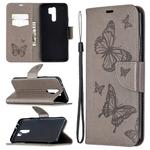 For Xiaomi Redmi 9 Two Butterflies Embossing Pattern Horizontal Flip Leather Case with Holder & Card Slot & Wallet & Lanyard(Grey)