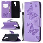 For Xiaomi Redmi 9 Two Butterflies Embossing Pattern Horizontal Flip Leather Case with Holder & Card Slot & Wallet & Lanyard(Purple)