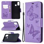 For Huawei Honor 9X Lite Two Butterflies Embossing Pattern Horizontal Flip Leather Case with Holder & Card Slot & Wallet & Lanyard(Purple)