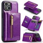 For iPhone 15 Plus DG.MING M3 Series Glitter Powder Card Bag Leather Phone Case(Dark Purple)