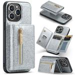 For iPhone 15 Pro DG.MING M3 Series Glitter Powder Card Bag Leather Phone Case(Silver)