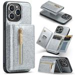 For iPhone 15 Pro Max DG.MING M3 Series Glitter Powder Card Bag Leather Phone Case(Silver)