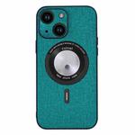 For iPhone 15 Plus Cloth Texture MagSafe Magnetic PU Phone Case(Dark Green)