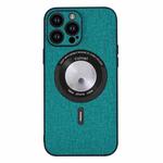 For iPhone 15 Pro Max Cloth Texture MagSafe Magnetic PU Phone Case(Dark Green)