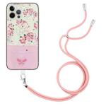 For iPhone 15 Pro Max Bronzing Butterfly Flower TPU Phone Case with Lanyard(Peony)