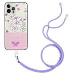 For iPhone 15 Plus Bronzing Butterfly Flower TPU Phone Case with Lanyard(Cherry Blossoms)