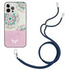 For iPhone 15 Bronzing Butterfly Flower TPU Phone Case with Lanyard(Peacock Flower)