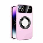 For iPhone 13 Large Glass Window Magnetic Magsafe Phone Case with Lens Film(Pink)