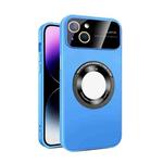 For iPhone 14 Large Glass Window Magnetic Magsafe Phone Case with Lens Film(Sky Blue)