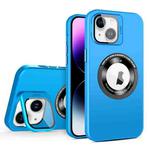 For iPhone 14 Plus Skin Feel Magnifier MagSafe Lens Holder Phone Case(Light Blue)