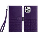 For iPhone 15 Pro Max Rhombic Texture Leather Phone Case with Lanyard(Purple)