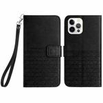 For iPhone 15 Pro Max Rhombic Texture Leather Phone Case with Lanyard(Black)