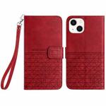 For iPhone 15 Plus Rhombic Texture Leather Phone Case with Lanyard(Red)
