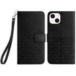 For iPhone 15 Plus Rhombic Texture Leather Phone Case with Lanyard(Black)