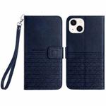 For iPhone 15 Plus Rhombic Texture Leather Phone Case with Lanyard(Blue)