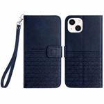For iPhone 15 Rhombic Texture Leather Phone Case with Lanyard(Blue)