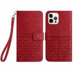 For iPhone 14 Pro Rhombic Texture Leather Phone Case with Lanyard(Red)