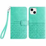 For iPhone 14 Plus Rhombic Texture Leather Phone Case with Lanyard(Green)