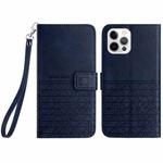 For iPhone 12 Pro Max Rhombic Texture Leather Phone Case with Lanyard(Blue)