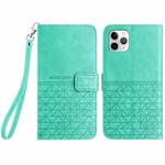 For iPhone 11 Pro Rhombic Texture Leather Phone Case with Lanyard(Green)