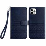For iPhone 11 Pro Rhombic Texture Leather Phone Case with Lanyard(Blue)