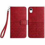 For iPhone XR Rhombic Texture Leather Phone Case with Lanyard(Red)