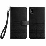 For iPhone XS Max Rhombic Texture Leather Phone Case with Lanyard(Black)