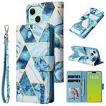 For iPhone 15 Plus Marble Bronzing Stitching Leather Phone Case(Blue)