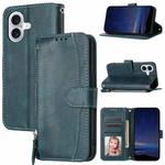 For iPhone 16 Oil Skin Zipper Wallet Leather Phone Case(Blue)