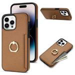 For iPhone 14 Pro Max Ring Card  Litchi Leather Back Phone Case(Brown)