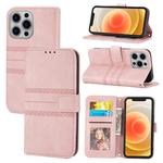 For iPhone 15 Pro Embossed Stripes Skin Feel Leather Phone Case(Pink)