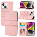 For iPhone 15 Plus Embossed Stripes Skin Feel Leather Phone Case(Pink)