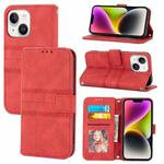 For iPhone 15 Plus Embossed Stripes Skin Feel Leather Phone Case(Red)