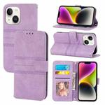 For iPhone 15 Plus Embossed Stripes Skin Feel Leather Phone Case(Light Purple)