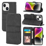 For iPhone 15 Plus Embossed Stripes Skin Feel Leather Phone Case(Black)