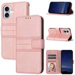 For iPhone 16 Embossed Stripes Skin Feel Leather Phone Case(Pink)