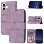 For iPhone 16 Embossed Stripes Skin Feel Leather Phone Case(Light Purple)