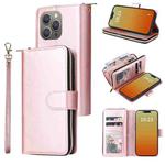 For iPhone 15 Pro 9 Card Slots Zipper Wallet Bag Leather Phone Case(Rose Gold)