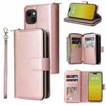 For iPhone 15 Plus 9 Card Slots Zipper Wallet Bag Leather Phone Case(Rose Gold)