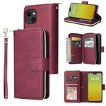 For iPhone 15 Plus 9 Card Slots Zipper Wallet Bag Leather Phone Case(Wine Red)
