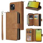 For iPhone 15 Plus 9 Card Slots Zipper Wallet Bag Leather Phone Case(Brown)