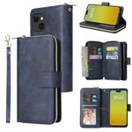 For iPhone 15 9 Card Slots Zipper Wallet Bag Leather Phone Case(Blue)