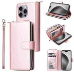 For iPhone 16 Pro Max 9 Card Slots Zipper Wallet Bag Leather Phone Case(Rose Gold)