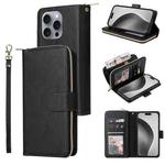 For iPhone 16 Pro Max 9 Card Slots Zipper Wallet Bag Leather Phone Case(Black)