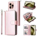 For iPhone 16 Pro 9 Card Slots Zipper Wallet Bag Leather Phone Case(Rose Gold)