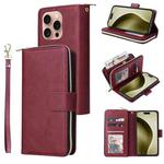 For iPhone 16 Pro 9 Card Slots Zipper Wallet Bag Leather Phone Case(Wine Red)