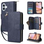 For iPhone 16 Plus 9 Card Slots Zipper Wallet Bag Leather Phone Case(Blue)