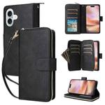 For iPhone 16 Plus 9 Card Slots Zipper Wallet Bag Leather Phone Case(Black)
