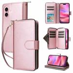 For iPhone 16 9 Card Slots Zipper Wallet Bag Leather Phone Case(Rose Gold)
