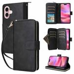 For iPhone 16 9 Card Slots Zipper Wallet Bag Leather Phone Case(Black)